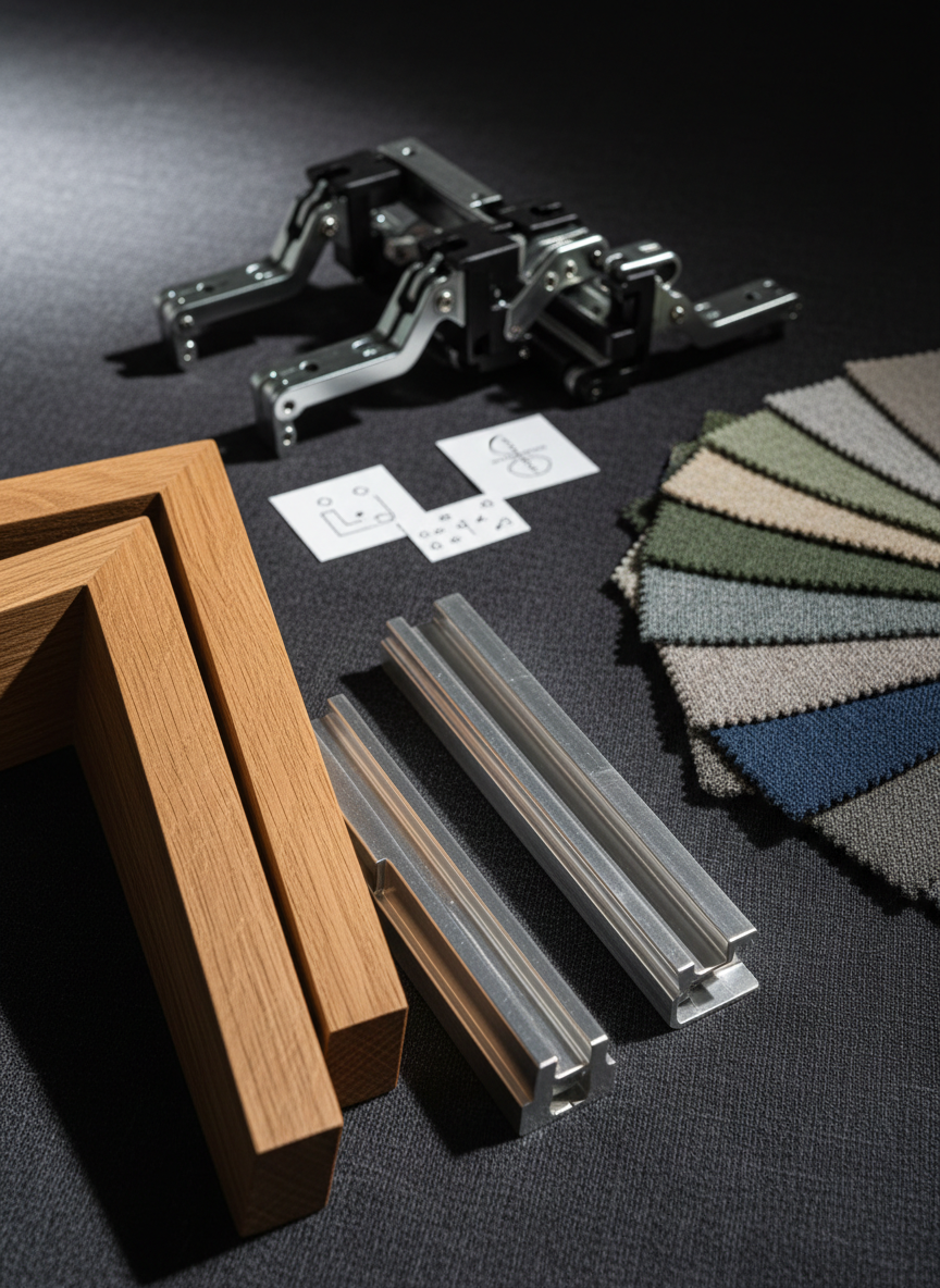 A close-up, photographic-realistic view of a curated selection of premium European furniture components laid out on a dark charcoal fabric backdrop: solid oak table legs with chamfered edges, precision-machined aluminum brackets, soft-close drawer mechanisms, and a fan of textured upholstery samples in muted, sophisticated tones. Small, unbranded icons on discreet cards suggest minimum quantities and contract ordering options without any readable wording. Directional studio lighting from the upper left creates dramatic, yet refined, highlights on metal surfaces and deep shadows that accentuate wood grain and fabric weave. Shot from a slightly elevated macro perspective with shallow depth of field, the front components are in razor-sharp focus while the background falls into a smooth bokeh. The mood is luxurious, technical, and tailored to design professionals sourcing at scale rather than casual retail shoppers.