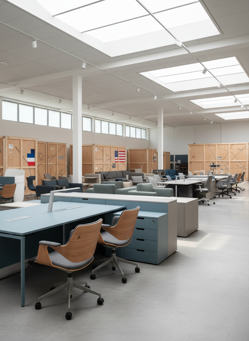 A spacious, sunlit contract furniture showroom with long rows of contemporary European office chairs, modular workstations, and lounge seating arranged in carefully staged clusters. Surfaces feature matte oak, powder-coated steel, and wool-blend upholstery in muted grays, deep blues, and soft taupe. In the background, large crates and pallets hint at bulk orders and logistics, with subtle signage-like panels suggesting U.S. destinations and European origins without readable text. Captured in photographic realism from a slightly elevated angle with sharp focus throughout, under diffused skylight that creates soft, natural shadows. The mood is sophisticated and professional, emphasizing B2B scale and reliability rather than retail shopping, with a clean, modern composition that feels like a high-end sourcing hub rather than an e-commerce store.
