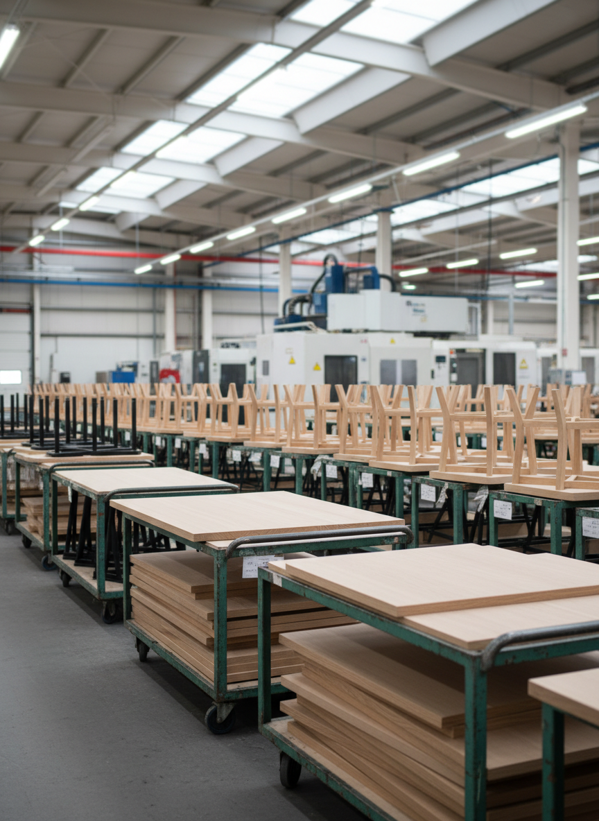An expansive European factory floor specializing in contract furniture, filled with orderly rows of unfinished wooden chair frames, tabletop blanks, and metal bases stacked on industrial carts ready for export. Precision CNC machines and spray booths appear in the background, defocused to avoid technical clutter while implying advanced manufacturing. Overhead daylight panels and cool industrial lighting combine to create crisp, even illumination with subtle highlights on raw oak, ash, and beech textures. Shot in photographic realism from a wide-angle, slightly low perspective to emphasize scale and bulk capacity. The mood is efficient and trustworthy, highlighting the capability to handle large, recurring orders for U.S. businesses, with a composition that leads the eye along production lines and neatly labeled (but unreadable) pallets destined for overseas logistics.