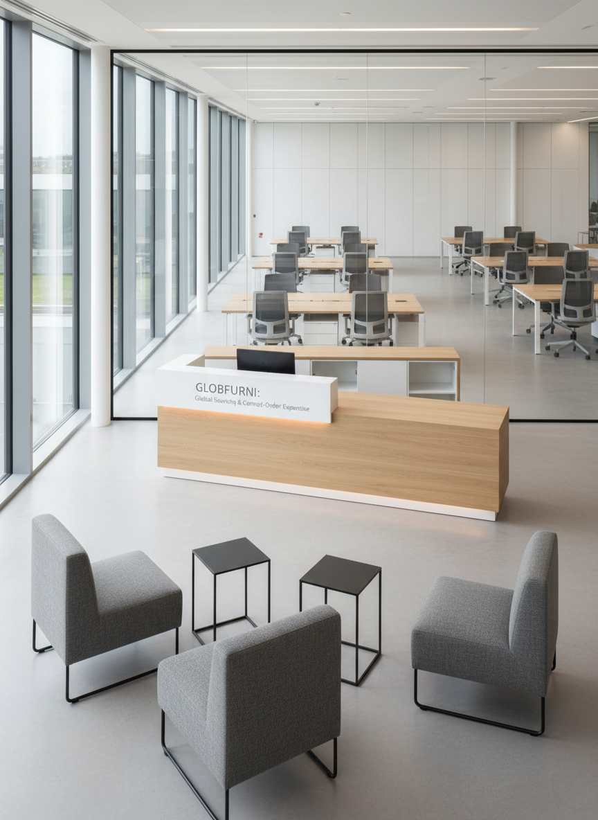 A panoramic, photographic-realistic scene of a modern U.S. corporate reception area furnished entirely with coordinated European contract pieces: a modular reception desk in pale oak and white laminate, low-profile lounge chairs upholstered in textured gray wool, and slender metal side tables in brushed black steel. In the background, glass walls reveal a larger open-plan workspace with clusters of matching desks and task chairs, subtly implying a large bulk order fulfilled through a sourcing partner. Soft, diffused daylight pours in from tall windows, casting refined, linear shadows across the polished concrete floor. Captured from a slightly elevated corner angle with sharp focus throughout, the composition feels airy, sophisticated, and cohesive, underscoring how Globfurni’s sourcing, logistics, and contract-order expertise can outfit entire environments rather than single pieces.