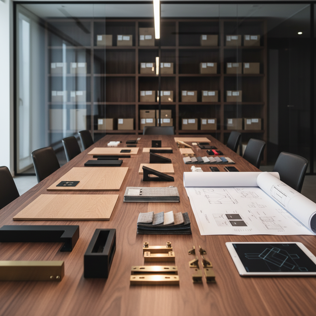 A long walnut conference table in a minimalist glass-walled meeting room, its surface covered with neatly arranged furniture material samples: oak veneers, metal leg profiles, fabric swatch books, and precision-engineered hardware components. Nearby, two open technical drawings and an unbranded digital tablet display abstracted specification diagrams, suggesting quote requests and minimum order planning without visible text. Soft studio lighting from above and one side creates gentle reflections on the metal and rich depth in the wood grain. Photographic realism at eye level with a shallow depth of field keeps the focus on the samples while the background fades into a refined blur of shelving with stacked packaging cartons. The atmosphere is calm, deliberate, and analytical, evoking high-level sourcing decisions for U.S. buyers working with European manufacturers.