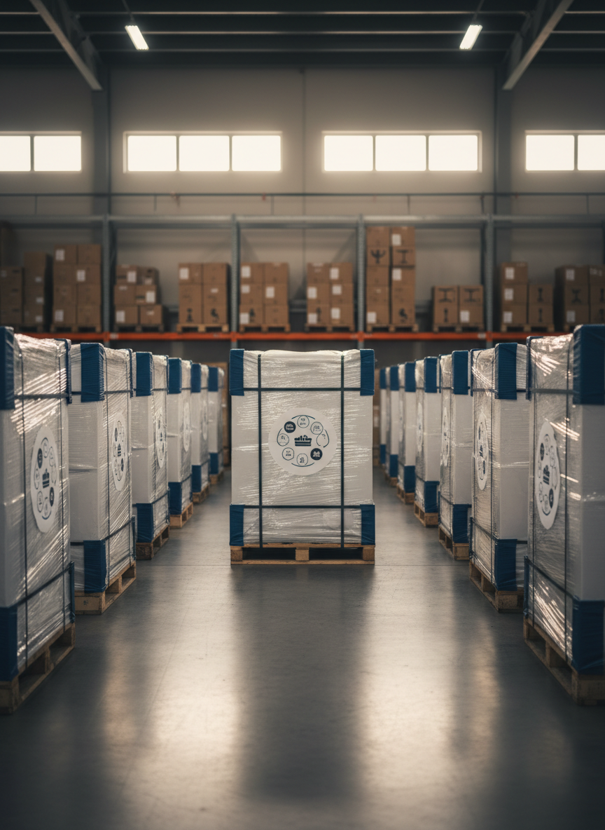 A refined logistics staging area in a European warehouse, showcasing neatly stacked pallets of carefully wrapped contract furniture and components, each package protected by corner guards and shrink wrap to suggest export readiness. Unbranded, icon-based labels hint at destinations across the Atlantic without readable text. The concrete floor is spotless, and tall shelving units hold additional boxes of chair bases, tabletops, and hardware kits. Soft late-afternoon light filters in from high windows, mixing with gentle overhead illumination to create long, elegant shadows and subtle highlights on the packaging. Photographic realism with a centered, eye-level composition and moderate depth of field keeps the foreground crisp while softening distant racks. The atmosphere is calm, organized, and reliable, emphasizing end-to-end logistics and consistent bulk shipments for professional B2B clients.
