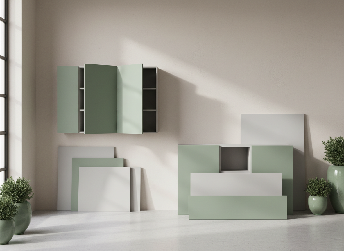 PET and acrylic kitchen cabinet fronts in sage green
