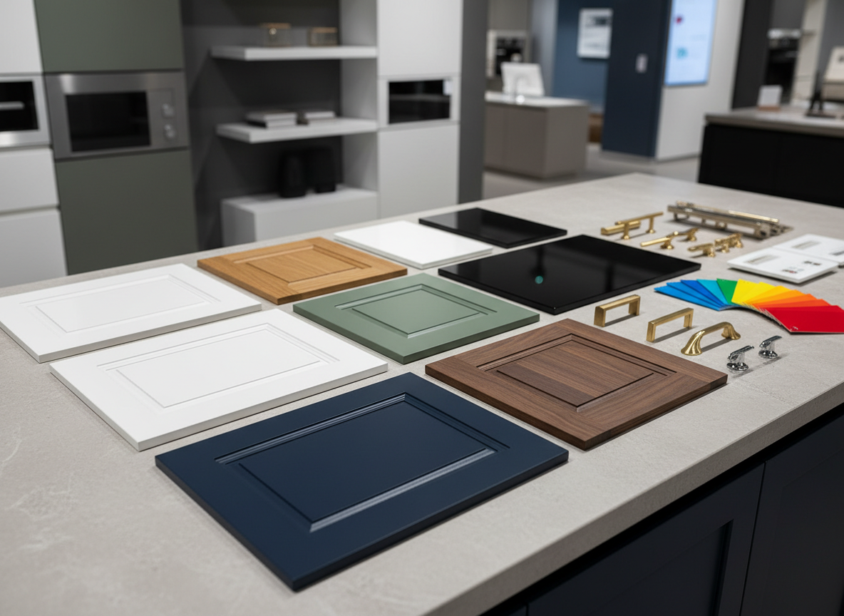 A premium, realistic, high-end B2B product flat-lay and display photograph set inside a sleek European furniture showroom. The scene features an artfully arranged collection of kitchen cabinet door samples: painted MDF fronts in various RAL colours (including white, grey, sage green, and navy), shaker-style fronts with classic inset frames, real wood veneered fronts in oak and walnut, high-gloss and matt lacquered finishes, PET and acrylic panels in bold colours, a row of colour sample chips fanned out, and a selection of premium furniture hardware including bar pulls, cup handles, and concealed hinges. Everything is arranged on a clean light-grey stone surface with soft, even studio lighting. European showroom backdrop with subtle display shelving visible. No people, no text, no logos, no watermarks. Ultra-realistic, commercial photography quality, sharp details, professional depth of field.