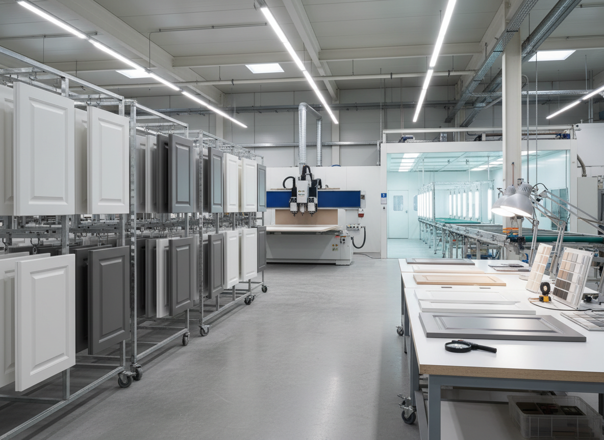 Modern European kitchen cabinet door production facility showing finished painted MDF and lacquered panels on display racks, CNC machinery, spray finishing equipment, and a quality inspection workbench