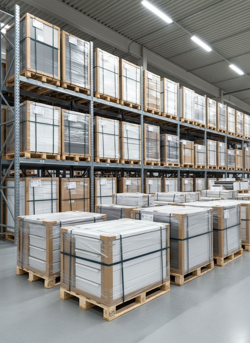 Professional European furniture warehouse with securely packed and stretch-wrapped pallets of kitchen cabinet fronts, MDF panels, drawer components, and export-ready labeled cartons on wooden pallets, organised warehouse racking, bright industrial lighting