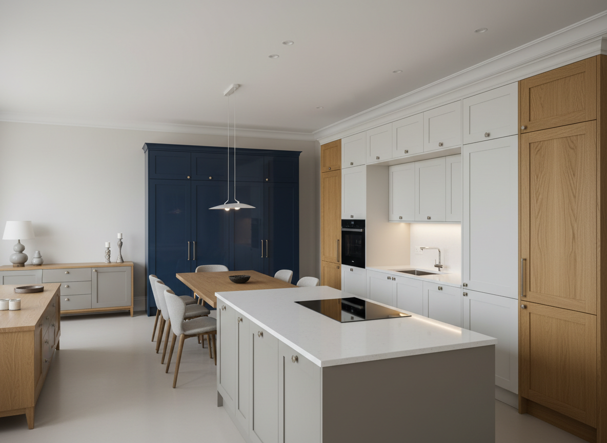 Premium modern European kitchen interior with painted MDF cabinetry, real wood veneer fronts, built-in storage, lacquered panels and broader furniture applications in a contemporary open-plan space